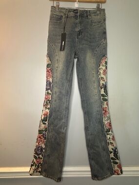 Fashion Nova Flare Jeans with Floral Side Panels